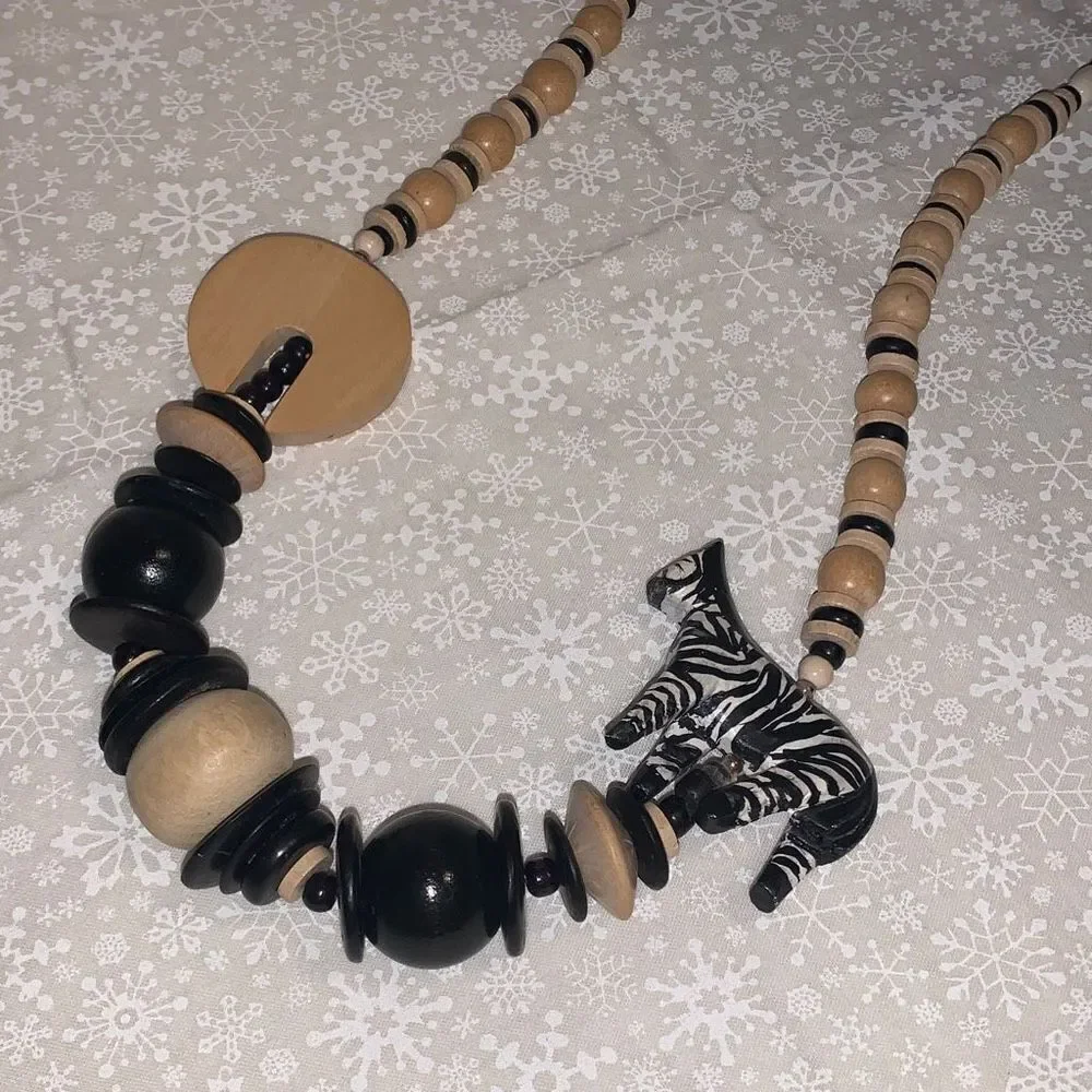 Vintage‎ Wood Hand Carved Zebra Bead Necklace 29”